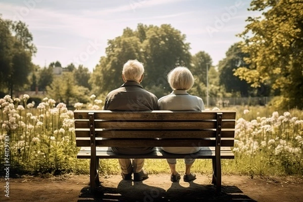 Obraz Elderly couple looking at the scenery in the spring garden, rear view of an elderly couple sitting on a bench and looking at the scenery, healthy senior living