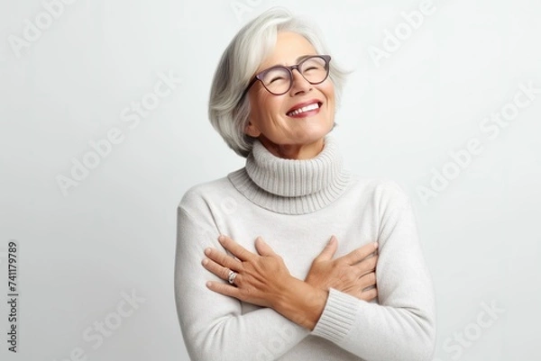 Obraz Smiling elderly woman, close-up of smiling elderly woman with white hair, healthy senior living