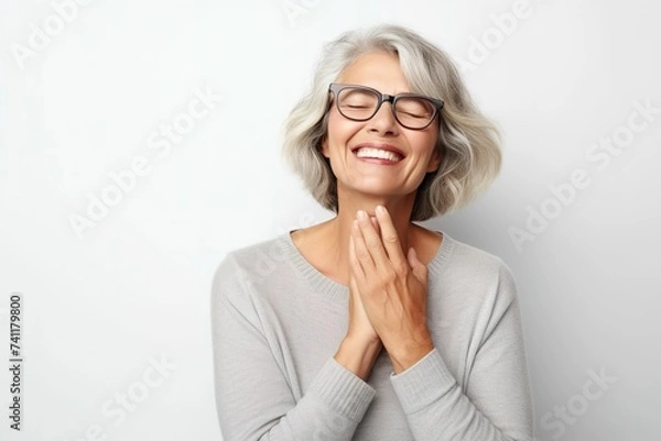 Obraz Smiling elderly woman, close-up of smiling elderly woman with white hair, healthy senior living