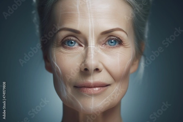 Obraz Elderly woman's face with virtual facial contour lines, elderly woman's face close-up, face close-up with virtual facial lines, aging face close-up, plastic surgery, beauty spa,