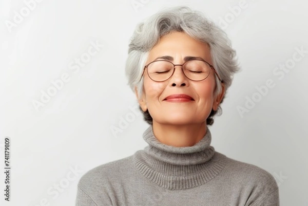 Obraz Smiling elderly woman, close-up of smiling elderly woman with white hair, healthy senior living