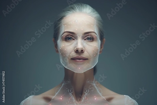Obraz Elderly woman's face with virtual facial contour lines, elderly woman's face close-up, face close-up with virtual facial lines, aging face close-up, plastic surgery, beauty spa,