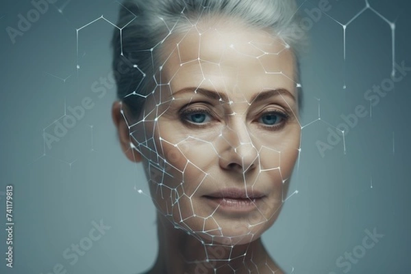 Obraz Elderly woman's face with virtual facial contour lines, elderly woman's face close-up, face close-up with virtual facial lines, aging face close-up, plastic surgery, beauty spa,