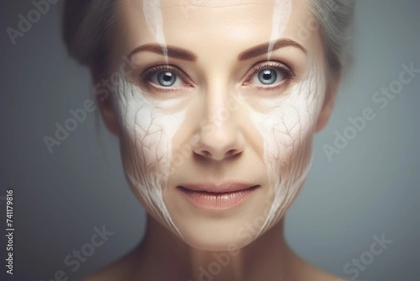 Obraz Elderly woman's face with virtual facial contour lines, elderly woman's face close-up, face close-up with virtual facial lines, aging face close-up, plastic surgery, beauty spa