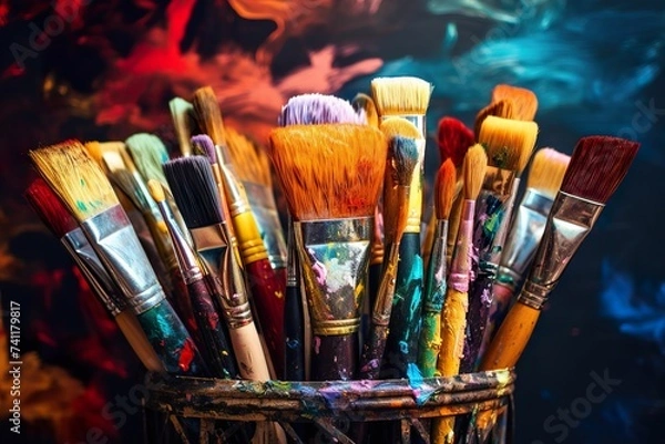 Obraz Row of paintbrushes covered with paint, brushes and paints, children's drawing, children's creativity