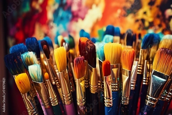 Obraz Row of paintbrushes covered with paint, brushes and paints, children's drawing, children's creativity