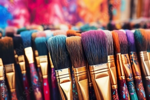 Obraz Row of paintbrushes covered with paint, brushes and paints, children's drawing, children's creativity