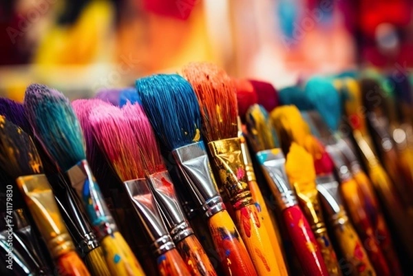 Obraz Row of paintbrushes covered with paint, brushes and paints, children's drawing, children's creativity
