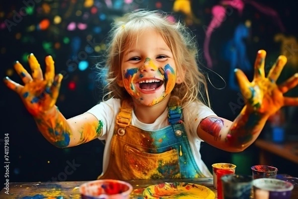 Obraz Girl painting with paint on her hands, girl painting, girl painting hands, children's painting training, children's creativity, little girl paints with her hands