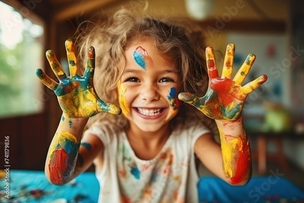 Obraz Girl painting with paint on her hands, girl painting, girl painting hands, children's painting training, children's creativity, little girl paints with her hands