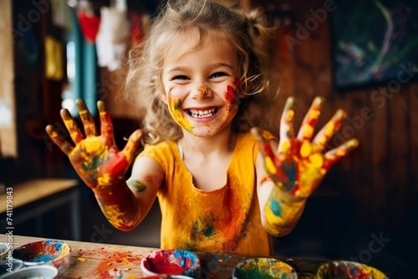 Obraz Girl painting with paint on her hands, girl painting, girl painting hands, children's painting training, children's creativity