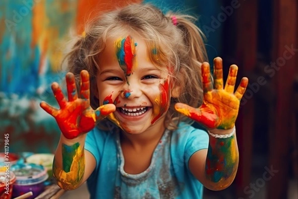 Obraz Girl painting with paint on her hands, girl painting, girl painting hands, children's painting training, children's creativity