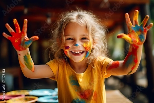 Obraz Girl painting with paint on her hands, girl painting, girl painting hands, children's painting training, children's creativity