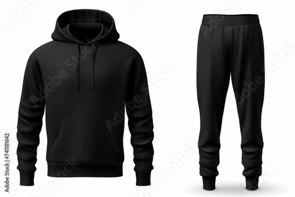 Fototapeta Black sweatshirt with hood and sweatpants isolated on white hooded sportswear suit mockup