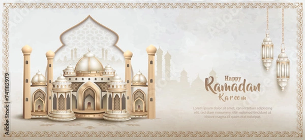 Fototapeta islamic greetings ramadan kareem card design with beautiful mosque and lanterns