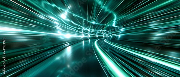 Fototapeta Speed through a futuristic tunnel, abstract motion in blue, technology and transportation in light