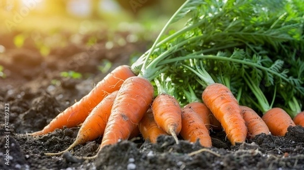 Fototapeta Fresh carrots on the ground in the vegetable garden.