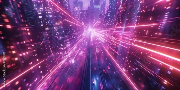 Fototapeta Vibrant neon lights illuminating a wet highway in a futuristic cityscape at night.