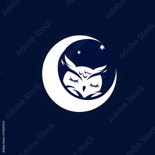 Obraz A logo illustration of an owl sleeping in a crescent moon on a navy blue background.