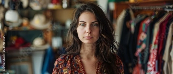 Fototapeta Portrait of young smiling Caucasian brunette woman. Concept of consumerism in second hand shop. business woman standing in her modern small clothing shop surrounded by cloths. Generative ai