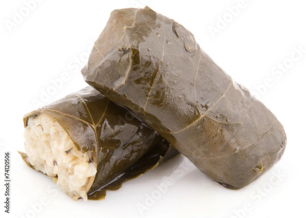 Obraz two rolls vine leaves stuffed with rice isolated