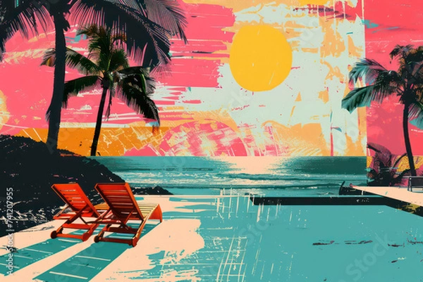 Fototapeta Retro tropical beach with pop art abstract background. Generative ai.