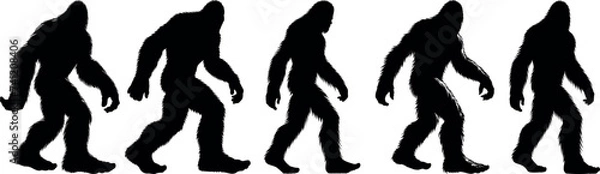 Fototapeta Bigfoot silhouette sequence, mythical creature in various walking positions. Perfect for cryptozoology, mystery themed content. Ape like figure, black against white background
