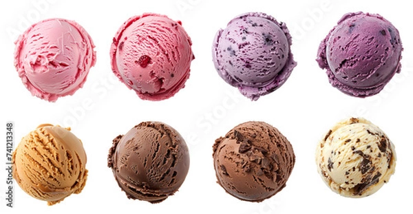 Obraz Ice cream scoops ball chocolate vanilla chocolate chip coffee mix berry strawberry milk based dessert isolated background	