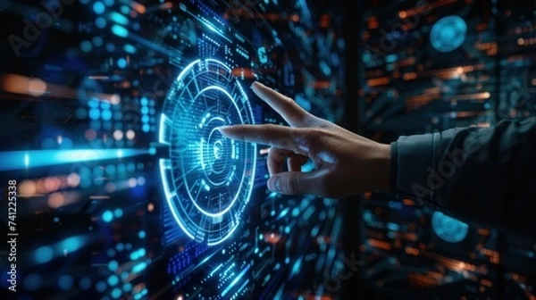 Obraz Intelligence and Automated machine learning language blue digital user interface with businessman hand background. Cybersecurity computer vision metaverse twin drive business.