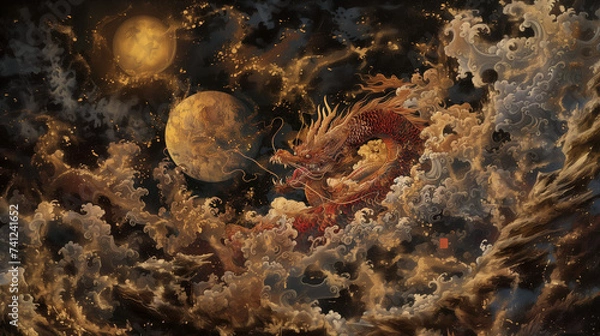 Fototapeta 夜空を舞う黄金の龍