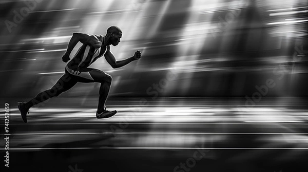 Fototapeta Athlete running on a race track. Black and white image.