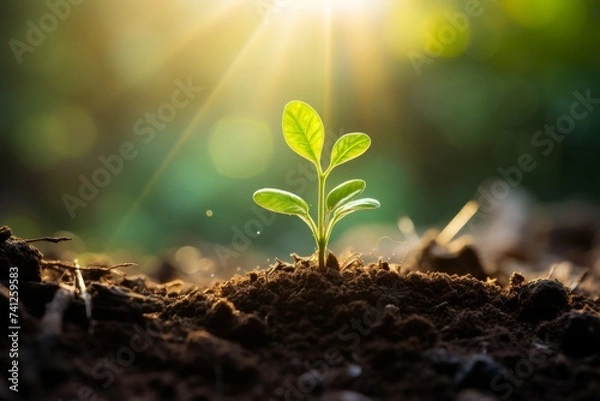 Fototapeta Fresh green seedling sprouting from rich soil towards sun rays, embracing new beginnings in nature