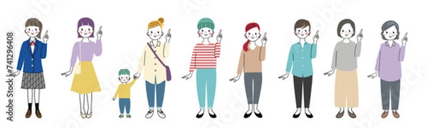 Obraz 指差しポーズをしている様々な年齢層の女性の全身イラスト