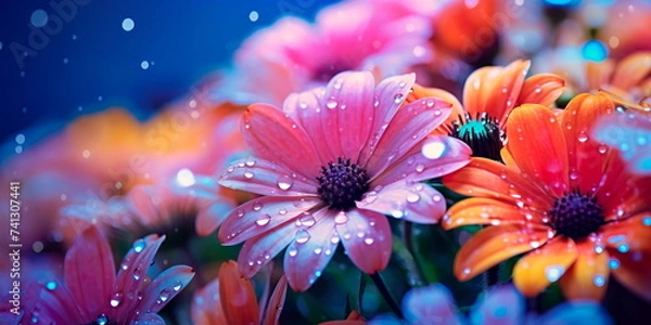 Obraz Morning scene with dew drops on spring flowers. Generative AI