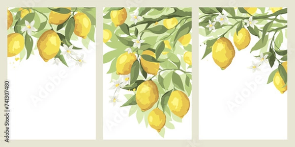 Fototapeta Summer card with lemon branch -- free hand drawing. Collection of posters with citrus fruits and flowers, vector illustration, label, poster.
