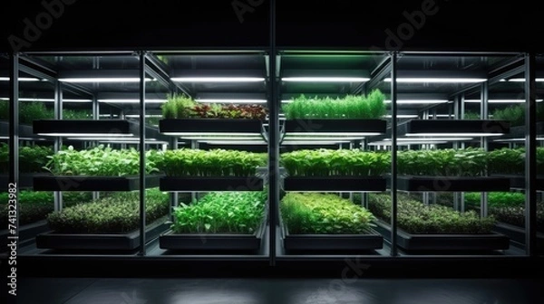 Fototapeta Large glass illuminated shelving with various micro greenery.