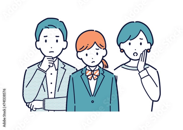 Fototapeta 困っている女子生徒と両親のベクターイラスト