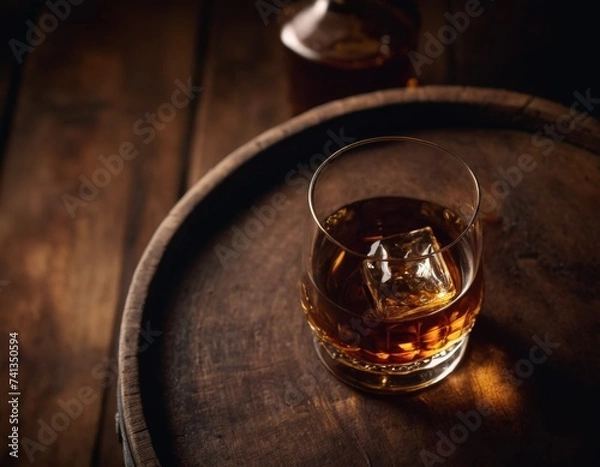 Obraz Scotch whiskey glass and old wooden barrel. With copy space
