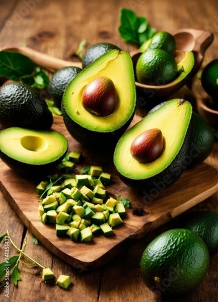 Obraz Fresh avocado on cutting board over wooden background