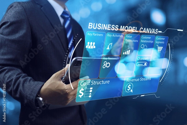 Fototapeta Business model canvas or BMC with businessman using tablet to planning and study of starting a business, market research and customer segment, sales channels income and expenses