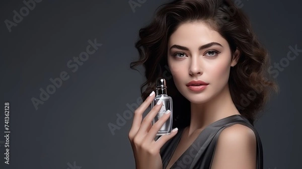 Obraz portrait, beautiful young woman holding a glass perfume bottle in her hands on a dark gray background, concept on a perfume theme, copy space