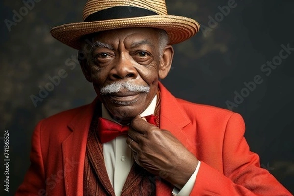 Obraz Distinguished senior Black man in a vibrant red blazer and straw fedora, adjusting a red bow tie, with a playful smirk, against a dark backdrop, Generative AI