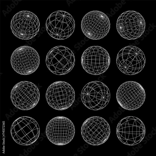 Fototapeta Wireframe shapes, lined sphere. Perspective mesh, 3d grid. Low poly geometric elements. Retro futuristic design elements, y2k, vaporwave and synthwave style. Vector illustration