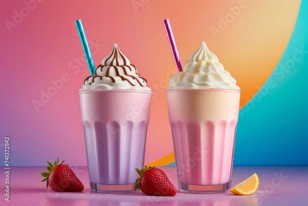 Obraz Milkshakes in glass, whipped cream, topping with ice cream.
