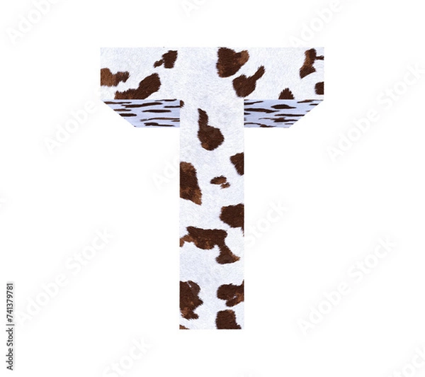 Fototapeta Cow Fur textured 3D letter T isolated on white background