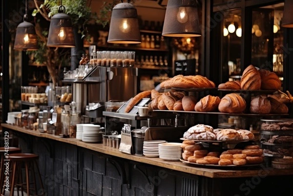 Fototapeta Close-up view of an exquisite bakery showcase filled with delectable treats and desserts