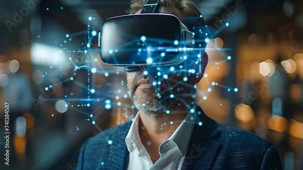 Fototapeta Man Engrossed in a Virtual Reality Experience. Generative ai