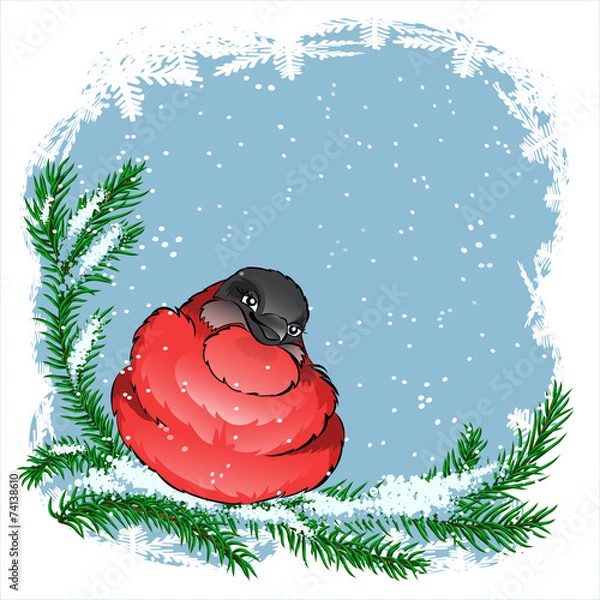Fototapeta Bullfinch bird sitting on a spruce branch in the snow
