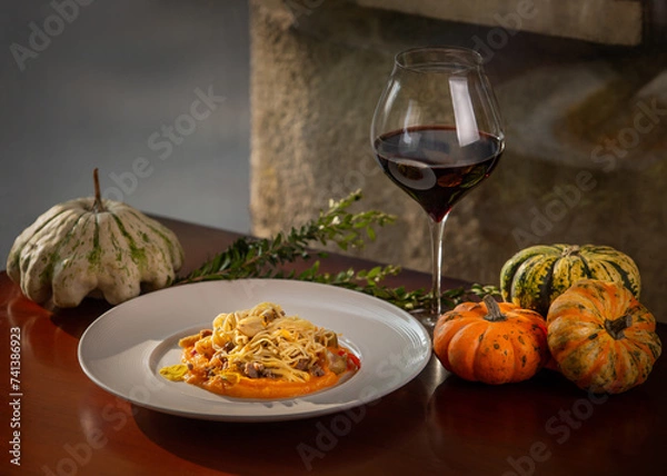 Obraz pumpkin dinner with red wine