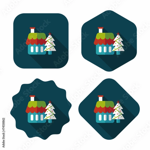 Fototapeta Xmas tree and house flat icon with long shadow,eps10